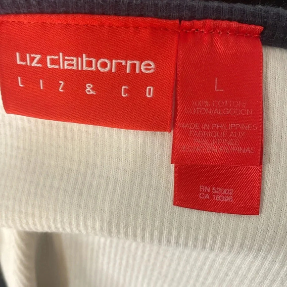 Liz Claiborne Womens Large Nautical Cropped White Navy Embroidered Short Sleeve - Picture 7 of 9